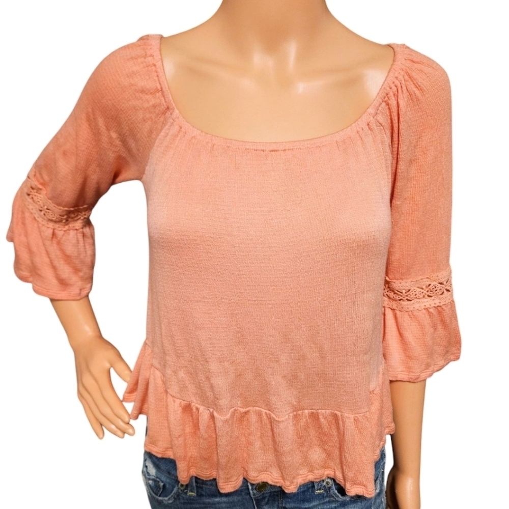Wmns Crocheted Bell Sleeve Peplum Top Peach Sz S FAIRYCORE SOFTGIRL COTTAGECORE